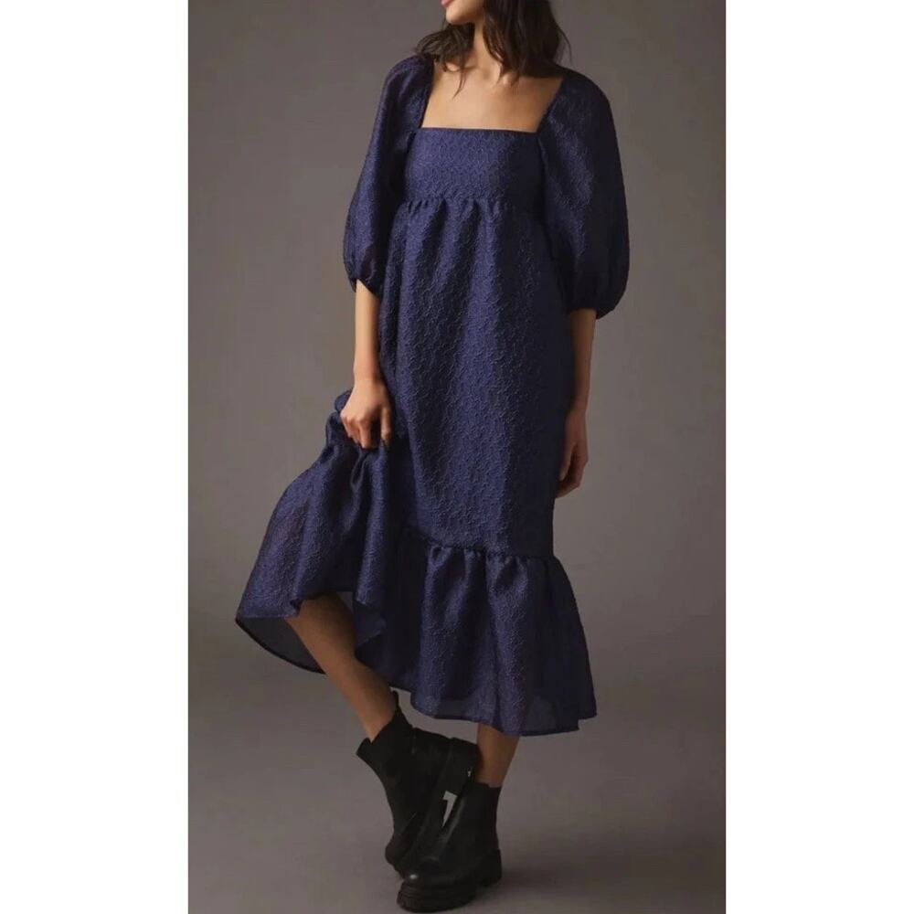 Anthropologie Textured Puff-Sleeve Dress Navy Blue M